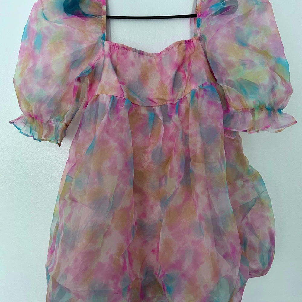 Colorful Sheer Puff Poof Tulle Sleeve Dress